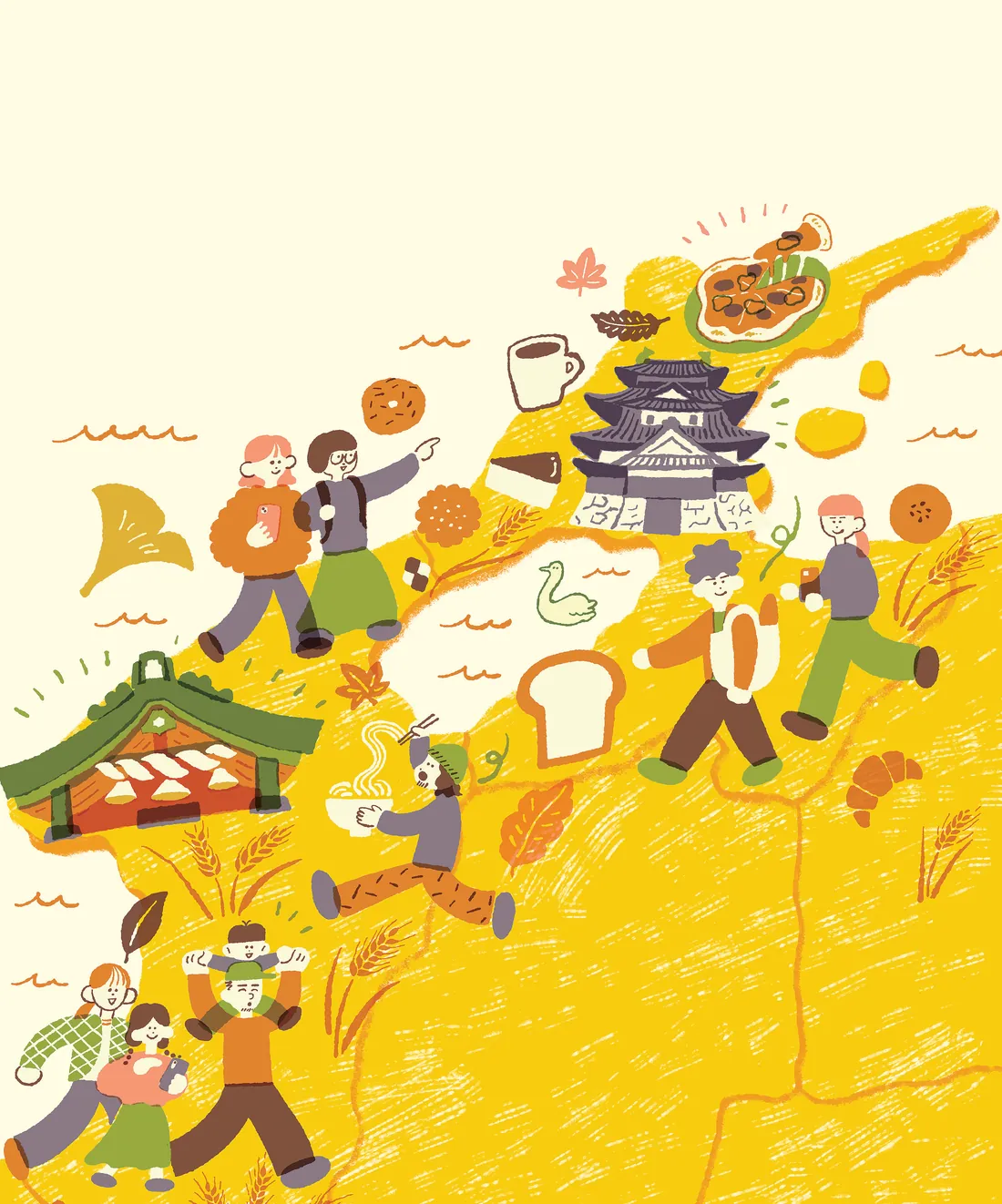 出雲と松江の地図の上を、パンやうどんのお店をめぐって歩く人たちのイラスト